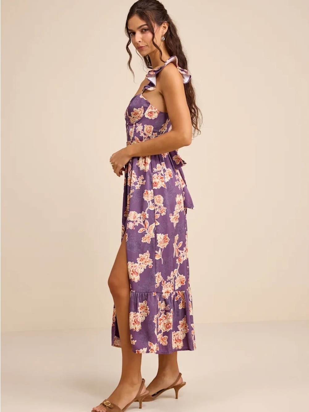 Lulus Sweet Like Sangria Purple Floral Ruffled Bustier Midi Dress - Picture 2 of 8
